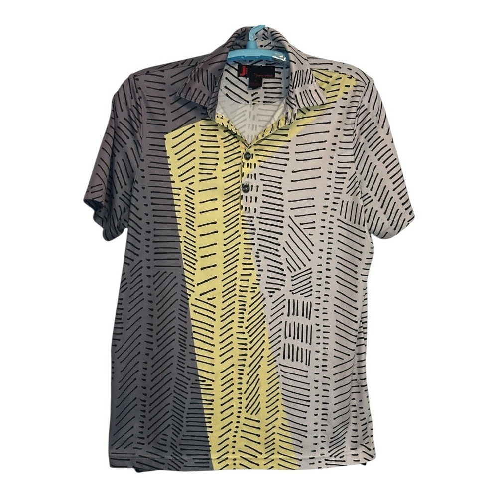 Jamie Sadock Golf Polo Shirt Abstract Print Short Sleeve Button Up Gray Yellow M